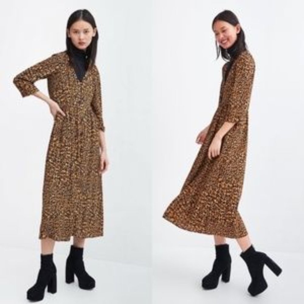 Zara Animal Cheetah Print Midi Button Up Dress